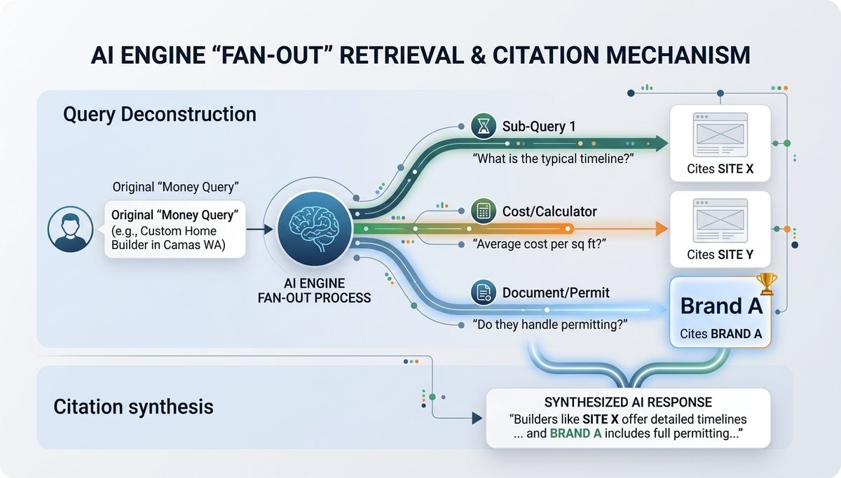 AI engine fan-out retrieval and citation mechanism: the money query is decomposed into sub-queries, each cites a source, and the engine synthesizes one answer