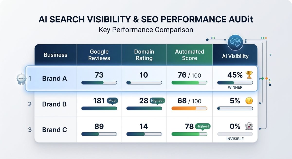 AI Search Visibility and SEO Performance — key performance comparison across the three audited brands